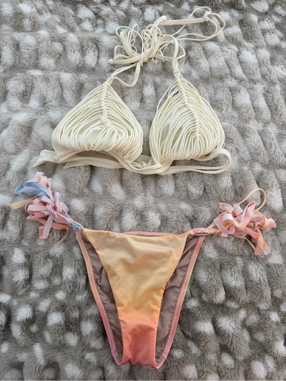 PQ Swim Cream Crochet Triangle Top with Ombre Pink-Orange Tie-Side Bottom